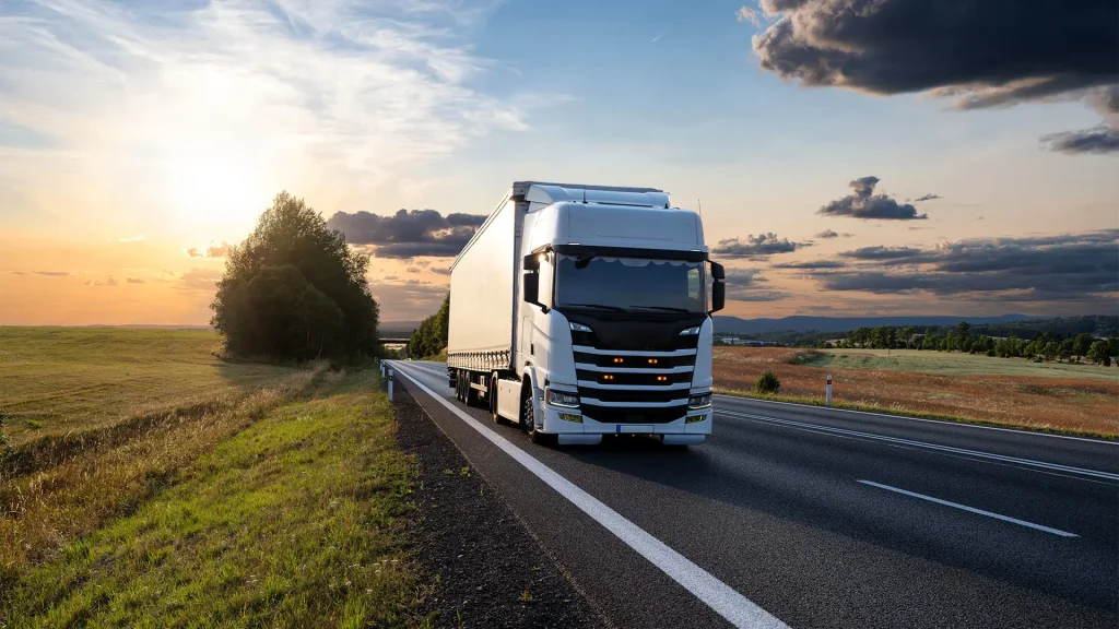 Camion in movimento su una strada che attraversa prati verdi.